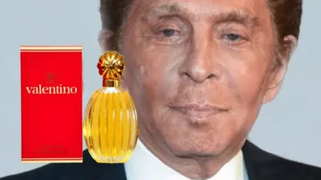 Valentino con il suo iconico profumo rosso e oro