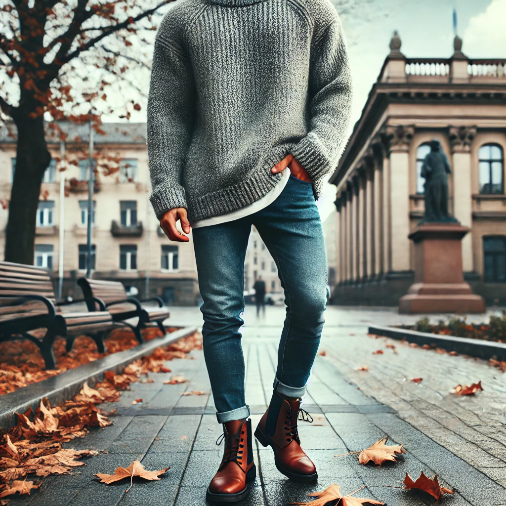 Ecco l'immagine di un uomo con un outfit autunno-inverno: indossa un maglione oversize abbinato a jeans in denim mid-wash e stivali in pelle, perfetti per le giornate più fredde e stilose.